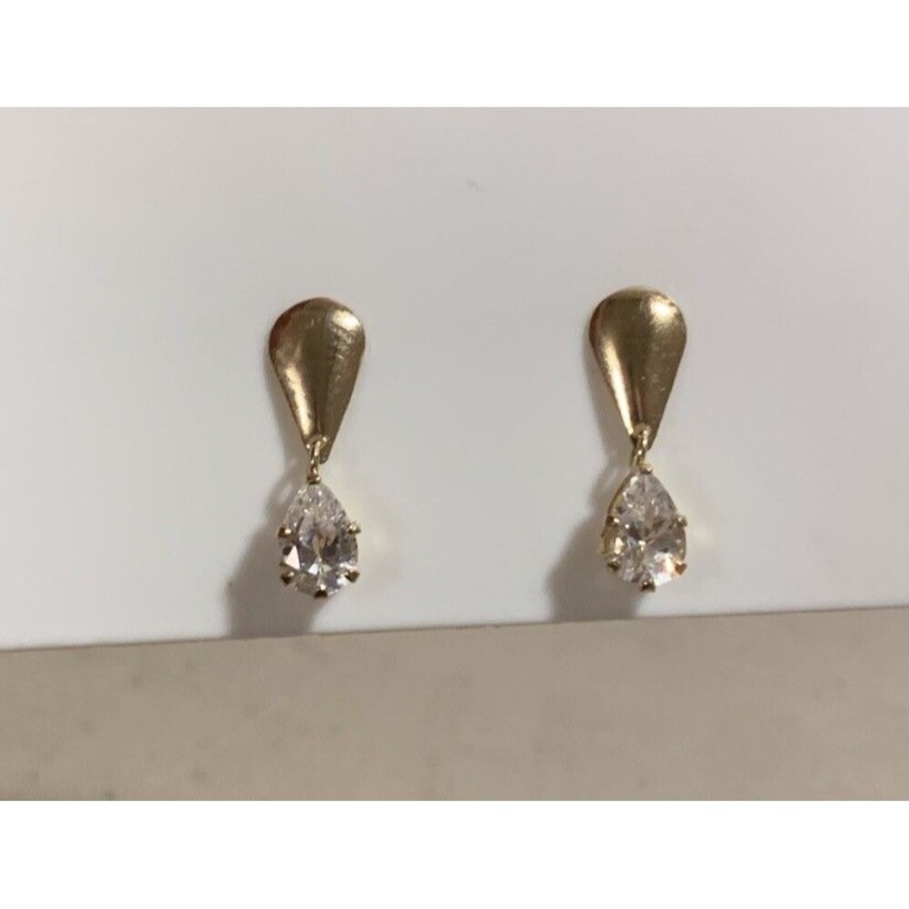 Vintage 14k Yellow Gold Pear Cut Clear Stone Earrings 6x8mm Drop Classic